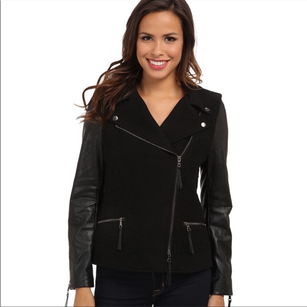 Adrianna Papell moto jacket coat medium black faux leather zipper cuffs pockets